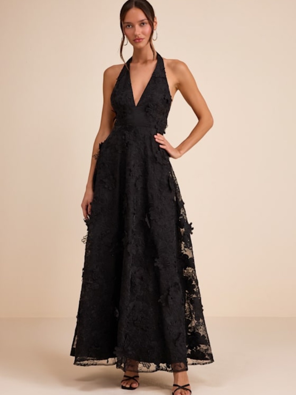Lulus Kennia Black 3d Floral Embroidered Halter Maxi Dress - Size S